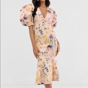ASOS formal puffy sleeve flowered dress.